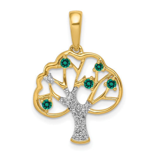 14K Yellow Gold Created Emerald and Real Diamond Polished Tree Pendant