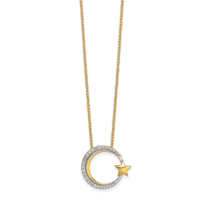 14K Yellow Gold Polished Moon and Star Real Diamond Chain Slide Necklace