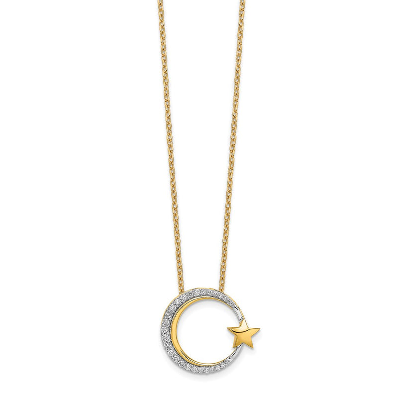 14K Yellow Gold Polished Moon and Star Real Diamond Chain Slide Necklace