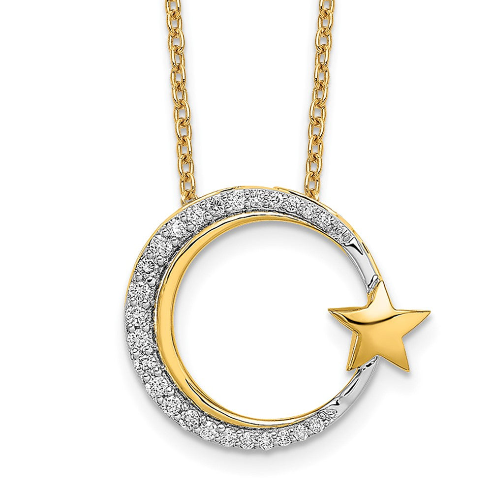 14K Yellow Gold Polished Moon and Star Real Diamond Chain Slide Necklace