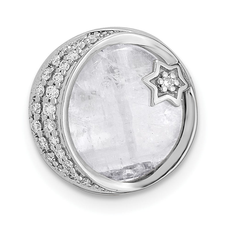 14k White Gold Real Diamond and Moonstone Moon & Star Chain Slide
