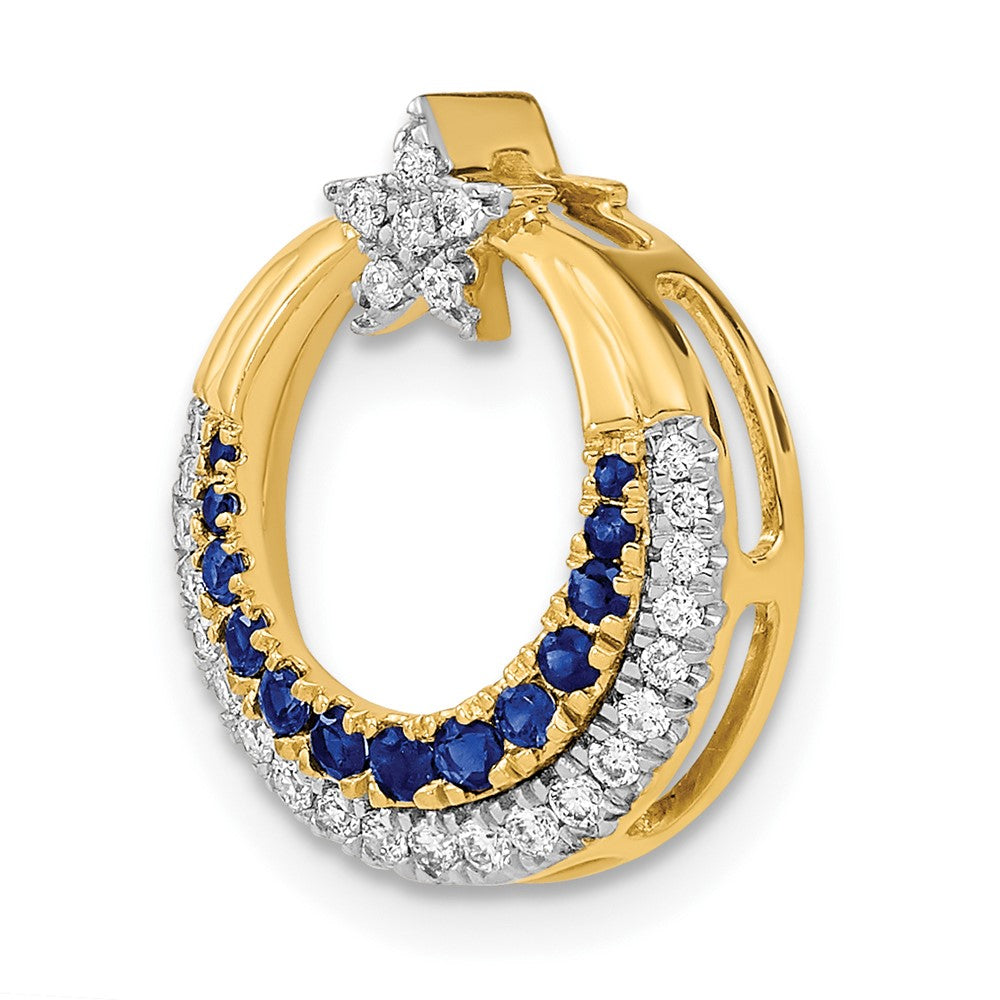 14K Yellow Gold Polished Moon w/Star Sapphire and Real Diamond Chain Slide