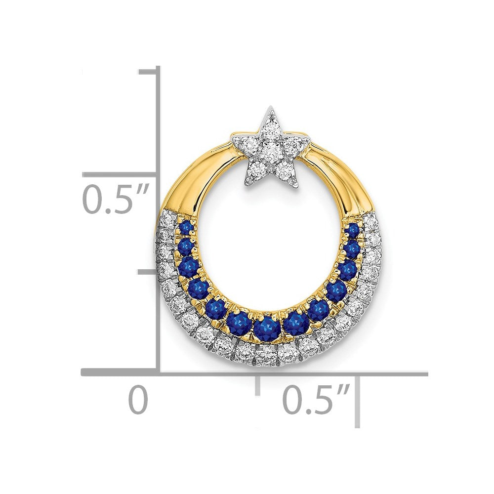 14K Yellow Gold Polished Moon w/Star Sapphire and Real Diamond Chain Slide