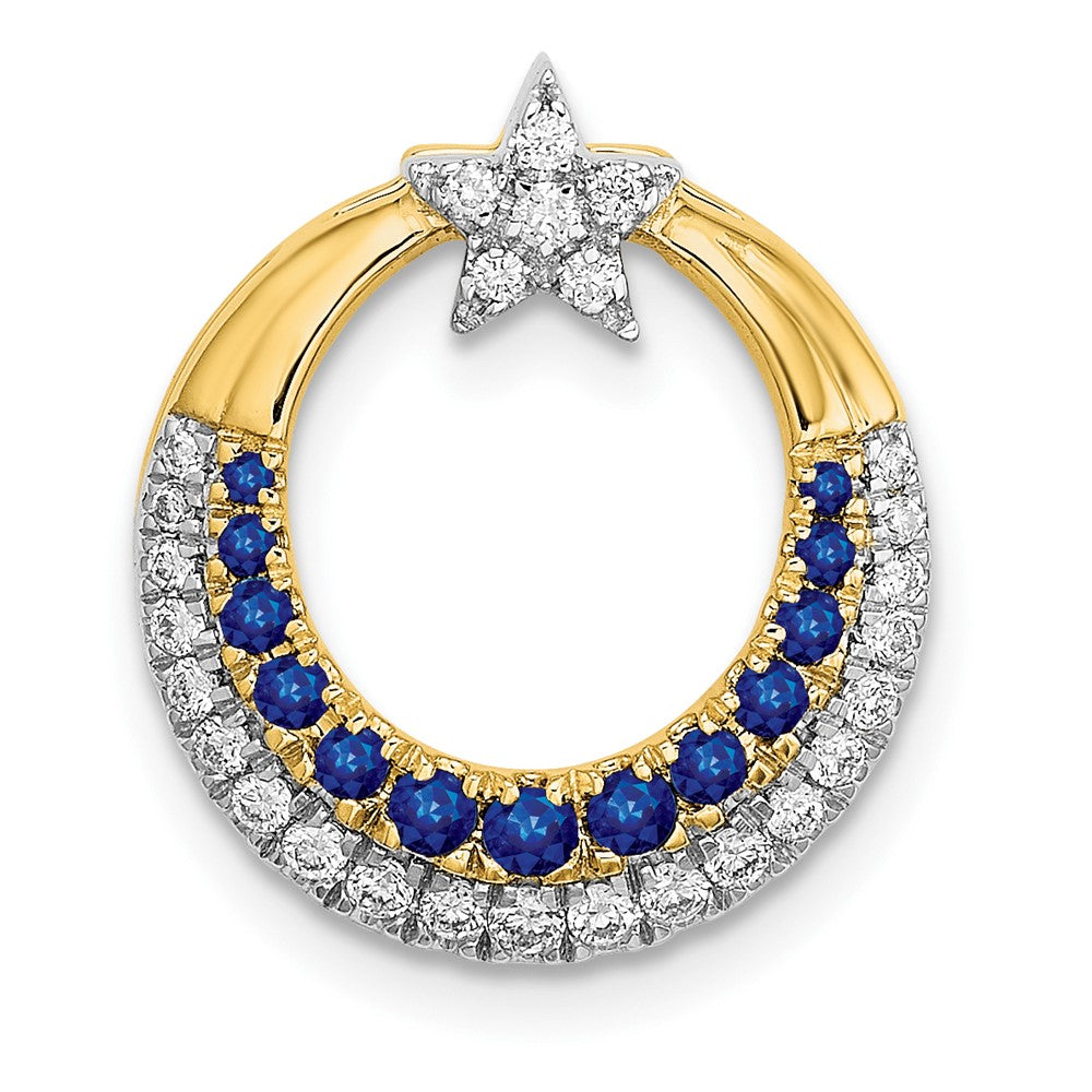 14K Yellow Gold Polished Moon w/Star Sapphire and Real Diamond Chain Slide