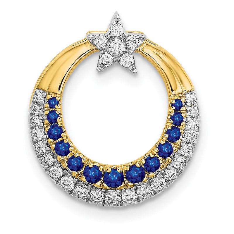 14K Yellow Gold Polished Moon w/Star Sapphire and Real Diamond Chain Slide