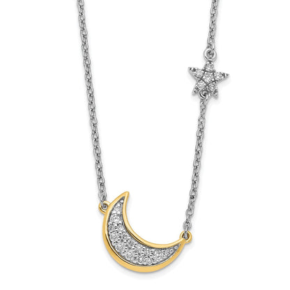 14k Two-Tone Gold Moon w/Star Real Diamond 18in Necklace