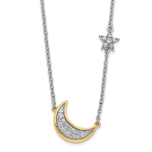 14k Two-Tone Gold Moon w/Star Real Diamond 18in Necklace
