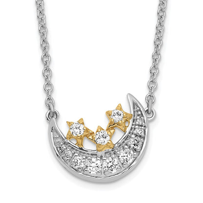 14k Two-Tone Gold Moon w/3-Stars Real Diamond 18in Necklace