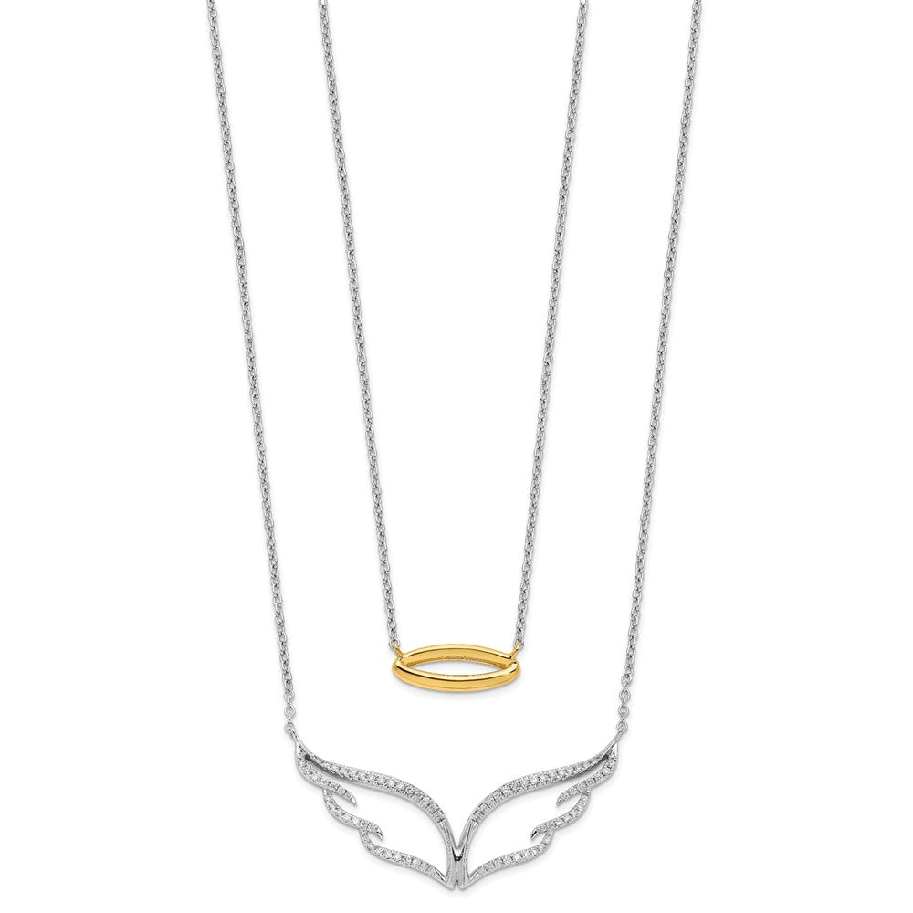 14k Two-Tone Gold Real Diamond Wings w/Halo Double Strand 18in Necklace