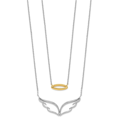 14k Two-Tone Gold Real Diamond Wings w/Halo Double Strand 18in Necklace