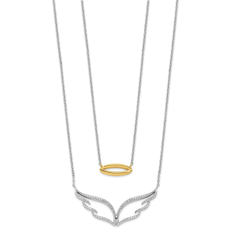14k Two-Tone Gold Real Diamond Wings w/Halo Double Strand 18in Necklace