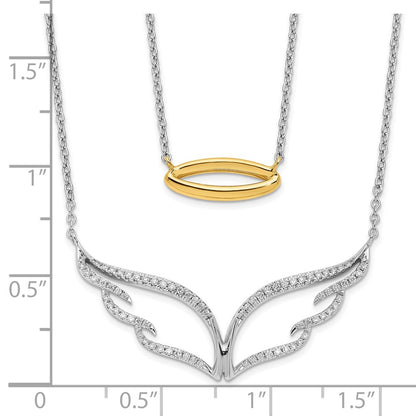 14k Two-Tone Gold Real Diamond Wings w/Halo Double Strand 18in Necklace