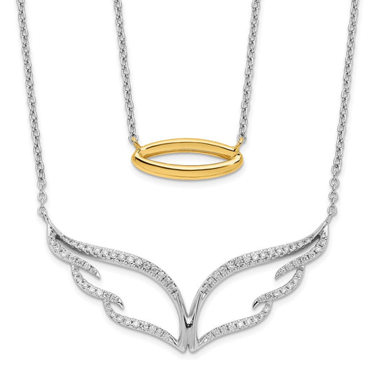 14k Two-Tone Gold Real Diamond Wings w/Halo Double Strand 18in Necklace