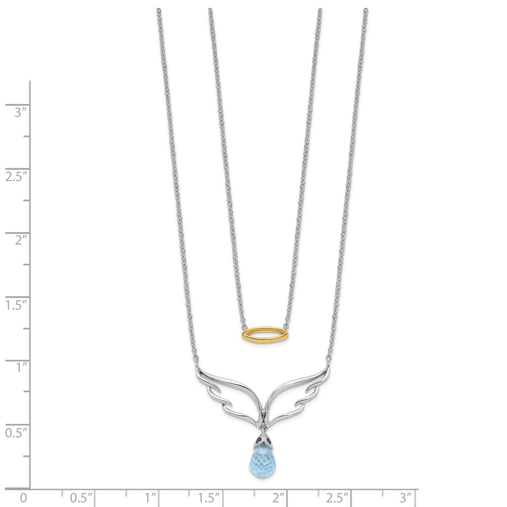 14k Two-Tone Gold Blue Topaz Dangle Wings w/Halo Dble 18in Necklace