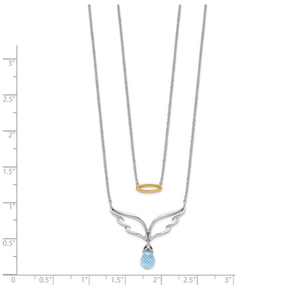 14k Two-Tone Gold Blue Topaz Dangle Wings w/Halo Dble 18in Necklace