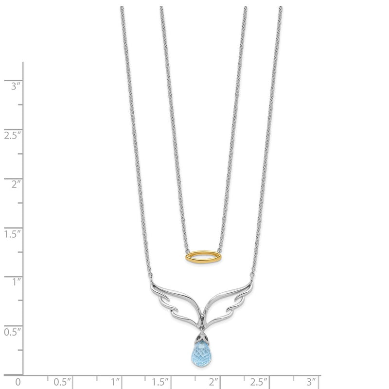 14k Two-Tone Gold Blue Topaz Dangle Wings w/Halo Dble 18in Necklace