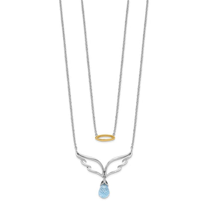 14k Two-Tone Gold Blue Topaz Dangle Wings w/Halo Dble 18in Necklace
