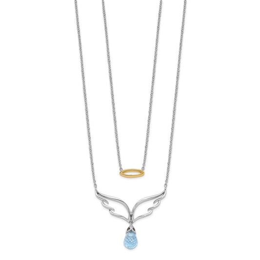 14k Two-Tone Gold Blue Topaz Dangle Wings w/Halo Dble 18in Necklace