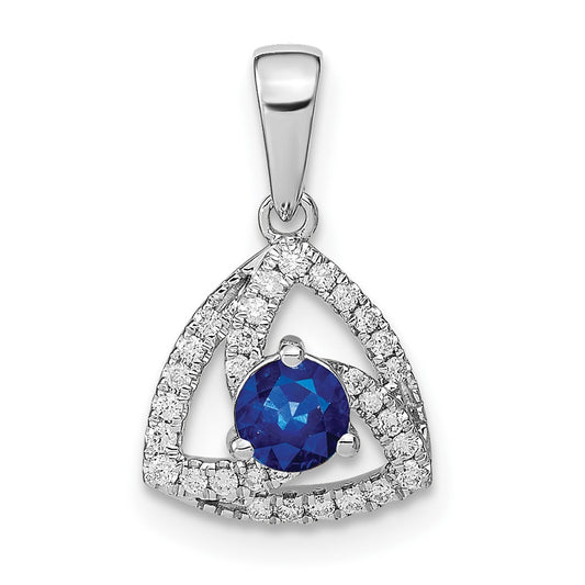 14k White Gold Real Diamond and Blue Sapphire Triangle Pendant