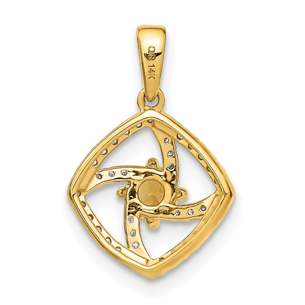 14K Yellow Gold Polished Real Diamond and Citrine Square Pendant