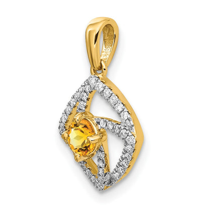 14K Yellow Gold Polished Real Diamond and Citrine Square Pendant