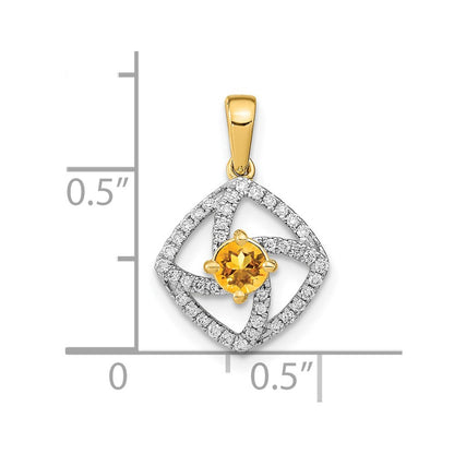 14K Yellow Gold Polished Real Diamond and Citrine Square Pendant