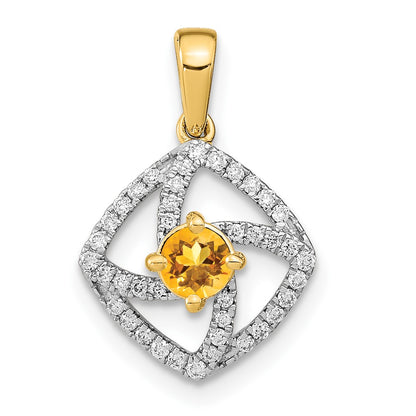 14K Yellow Gold Polished Real Diamond and Citrine Square Pendant