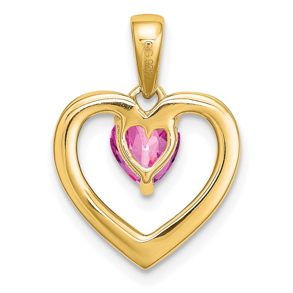 Solid 14k Yellow Gold PinK Simulated Sapphire and CZ Heart Pendant