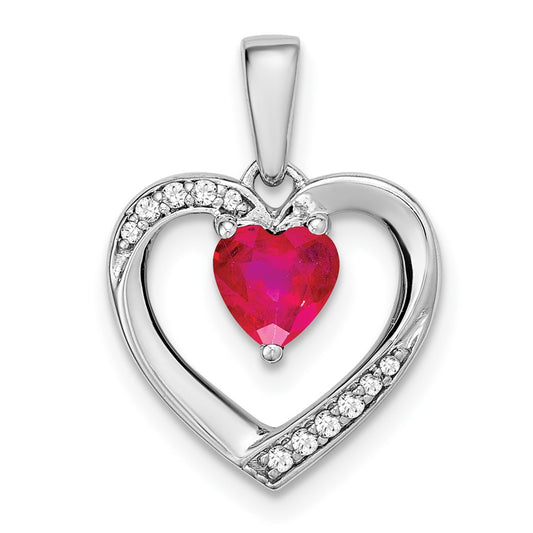 Solid 14k White Gold Simulated Ruby and CZ Heart Pendant