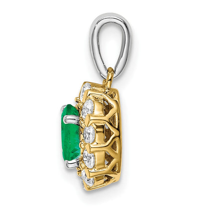14k Two-Tone Gold Oval Emerald and Real Diamond Halo Pendant
