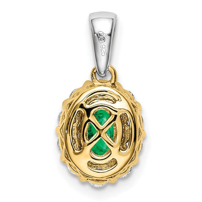14k Two-Tone Gold Oval Emerald and Real Diamond Halo Pendant