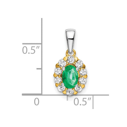 14k Two-Tone Gold Oval Emerald and Real Diamond Halo Pendant