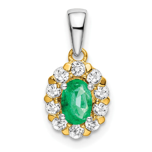 Solid 14k Two-tone Oval Simulated Emerald and CZ Halo Pendant