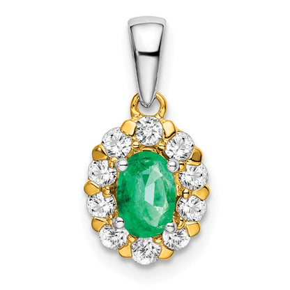14k Two-Tone Gold Oval Emerald and Real Diamond Halo Pendant