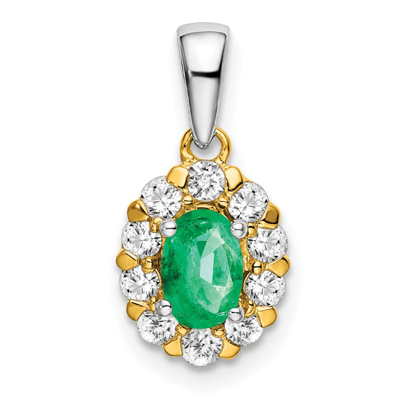 14k Two-Tone Gold Oval Emerald and Real Diamond Halo Pendant