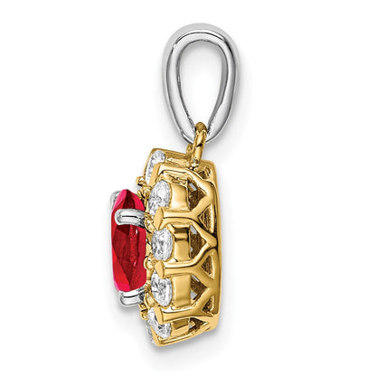 Solid 14k Two-tone Oval Simulated Ruby and CZ Halo Pendant