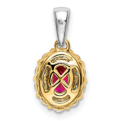 14k Two-Tone Gold Oval Ruby and Real Diamond Halo Pendant