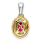 Solid 14k Two-tone Oval Simulated Ruby and CZ Halo Pendant