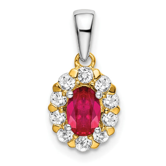Solid 14k Two-tone Oval Simulated Ruby and CZ Halo Pendant