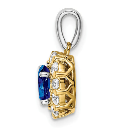 14k Two-Tone Gold Oval Sapphire and Real Diamond Halo Pendant