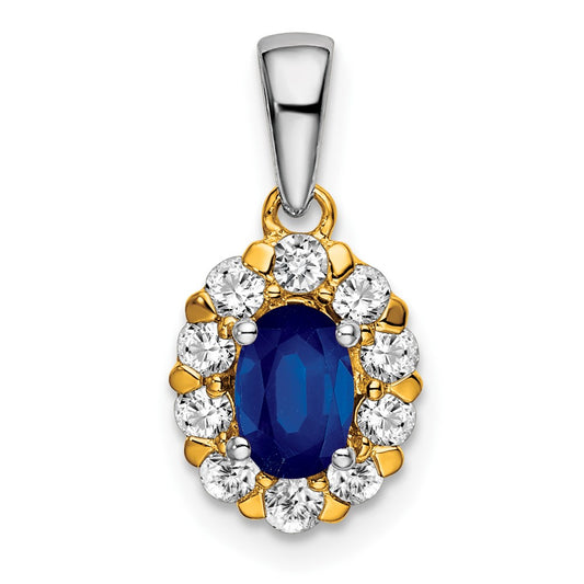 Solid 14k Two-tone Oval Simulated Sapphire and CZ Halo Pendant