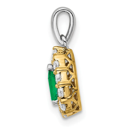14k Two-Tone Gold Pear Emerald and Real Diamond Halo Pendant
