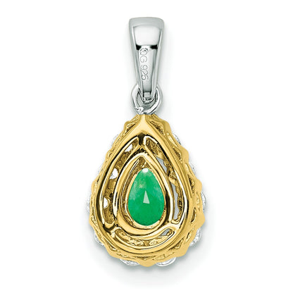 14k Two-Tone Gold Pear Emerald and Real Diamond Halo Pendant
