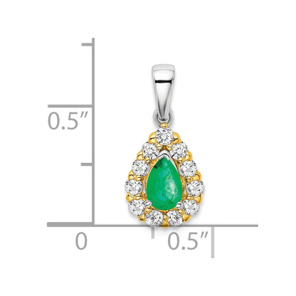 14k Two-Tone Gold Pear Emerald and Real Diamond Halo Pendant
