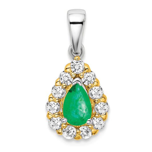 14k Two-Tone Gold Pear Emerald and Real Diamond Halo Pendant