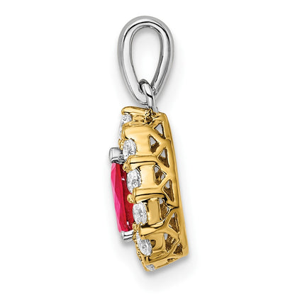 Solid 14k Two-tone Pear Simulated Ruby and CZ Halo Pendant