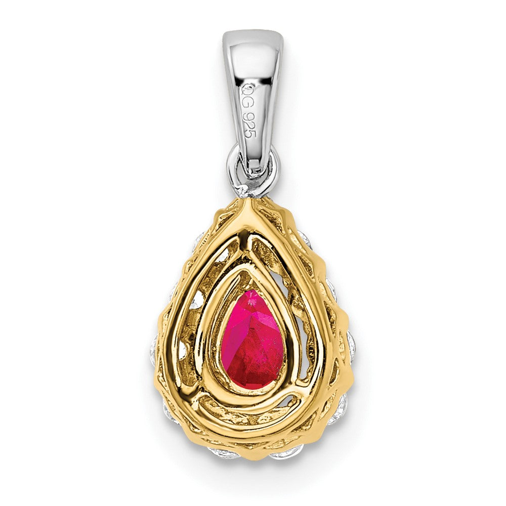 Solid 14k Two-tone Pear Simulated Ruby and CZ Halo Pendant