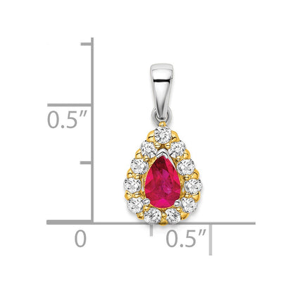14k Two-Tone Gold Pear Ruby and Real Diamond Halo Pendant