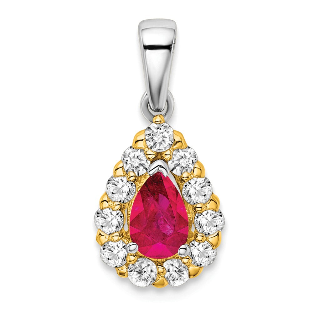 Solid 14k Two-tone Pear Simulated Ruby and CZ Halo Pendant