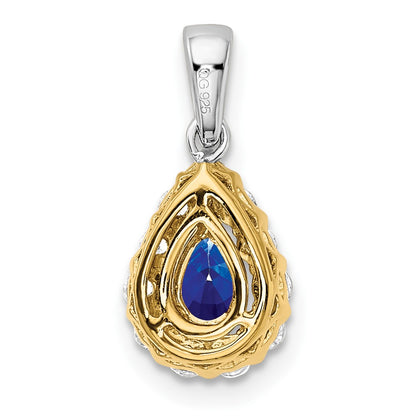 14k Two-Tone Gold Pear Sapphire and Real Diamond Halo Pendant